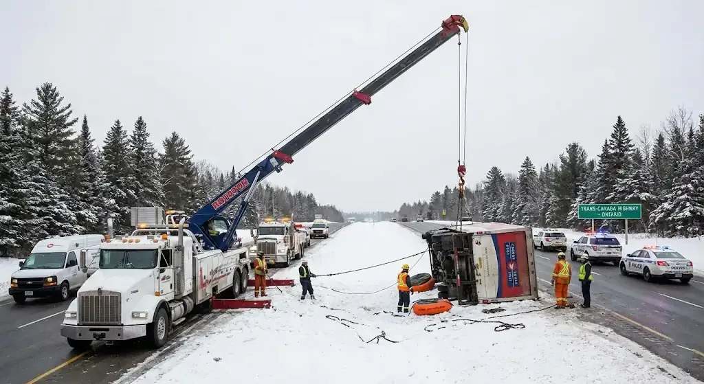 Laval truck towing on highway corridor