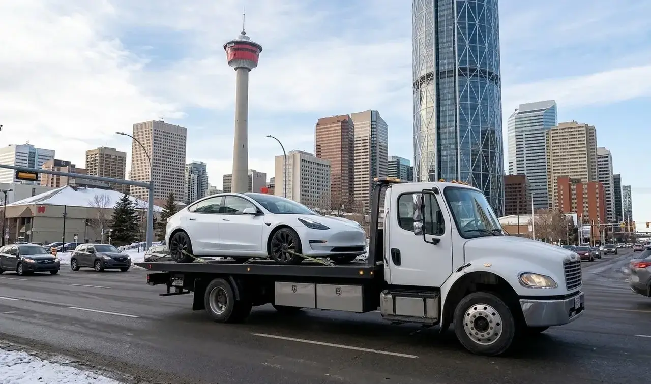 Laval electric vehicle on flatbed transport